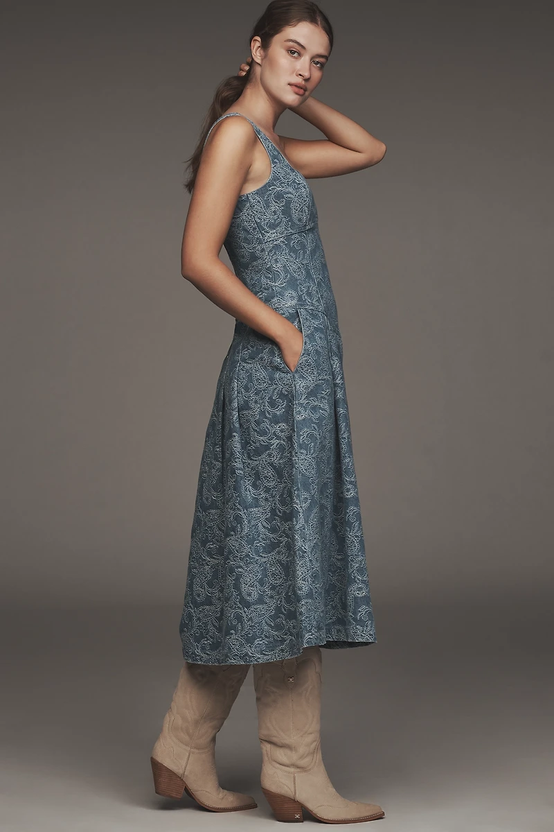 Avec Les Filles Square-Neck Embroidered Denim Midi Dress