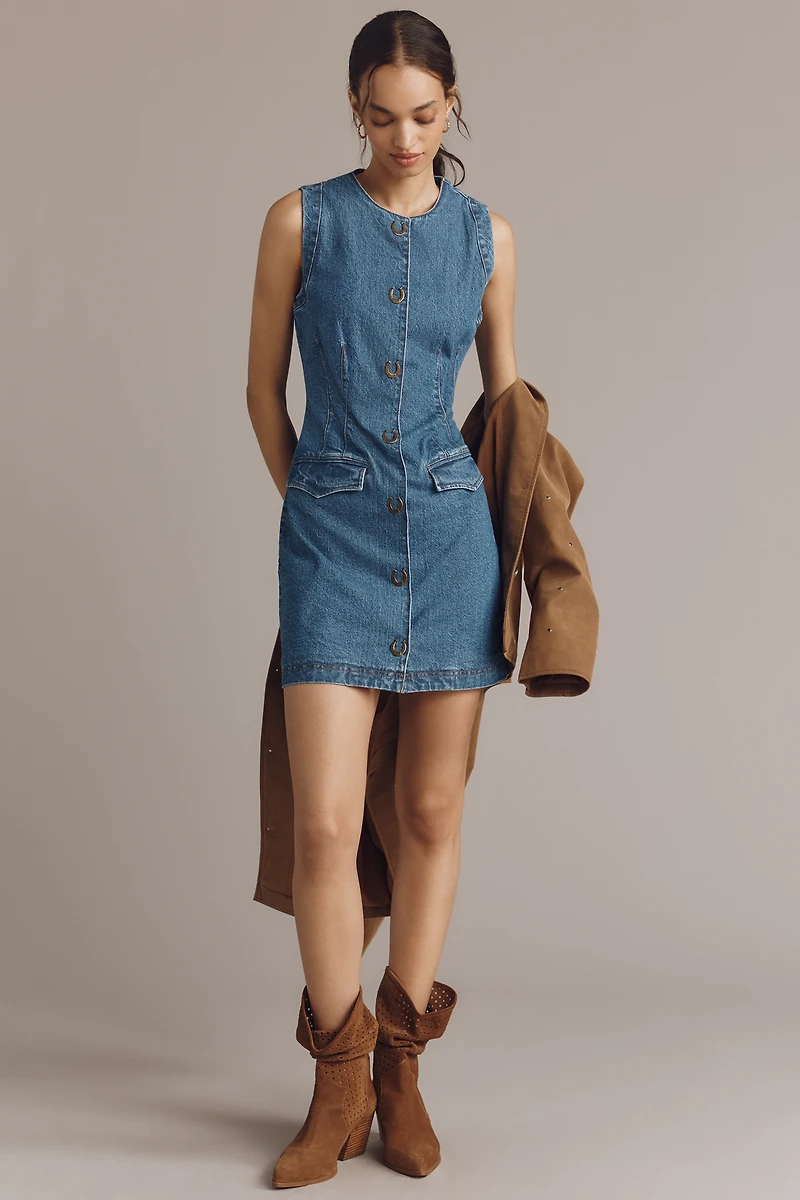 Avec Les Filles Sleeveless Denim Mini Shirt Dress