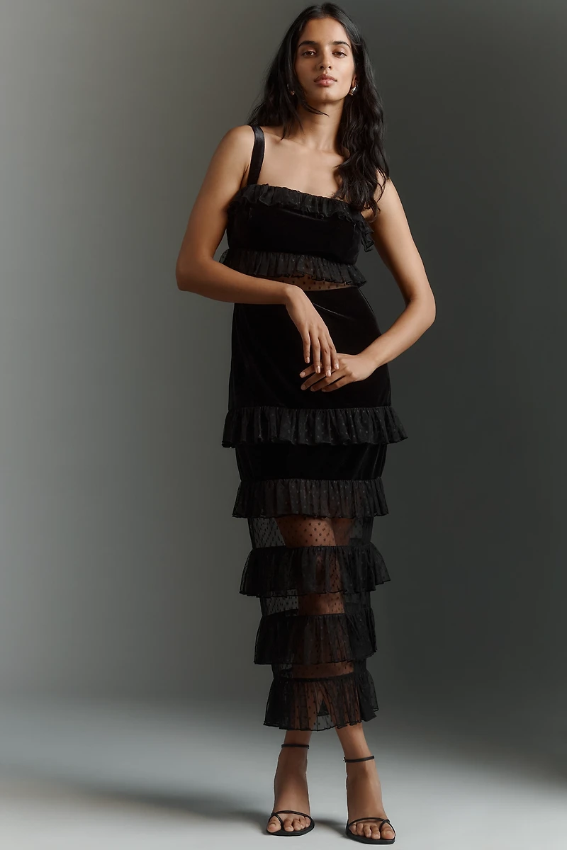 Avec Les Filles Sheer Panel Tiered Midi Dress