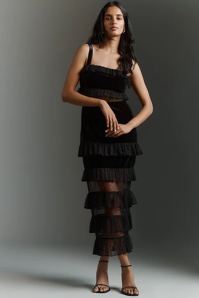 Avec Les Filles Sheer Panel Tiered Midi Dress