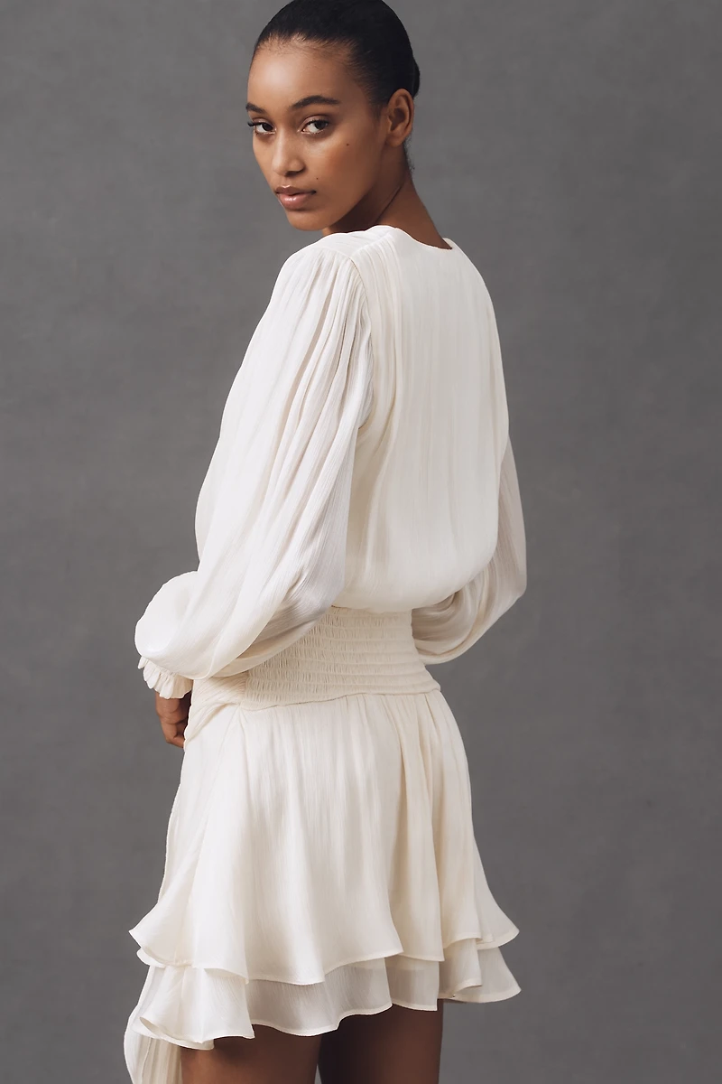 Avec Les Filles Billowy Long-Sleeve Satin Mini Dress