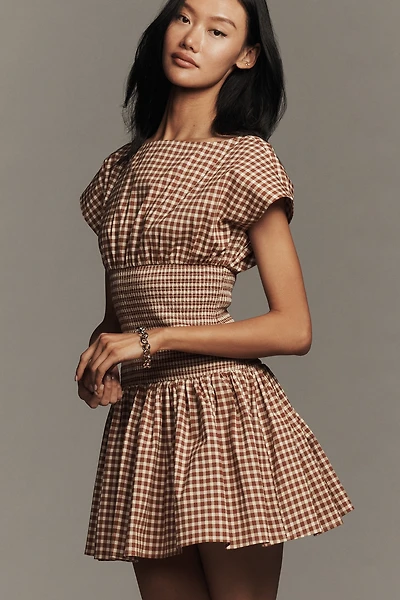 Avec Les Filles Waisted Boat-Neck Short-Sleeve Mini Dress