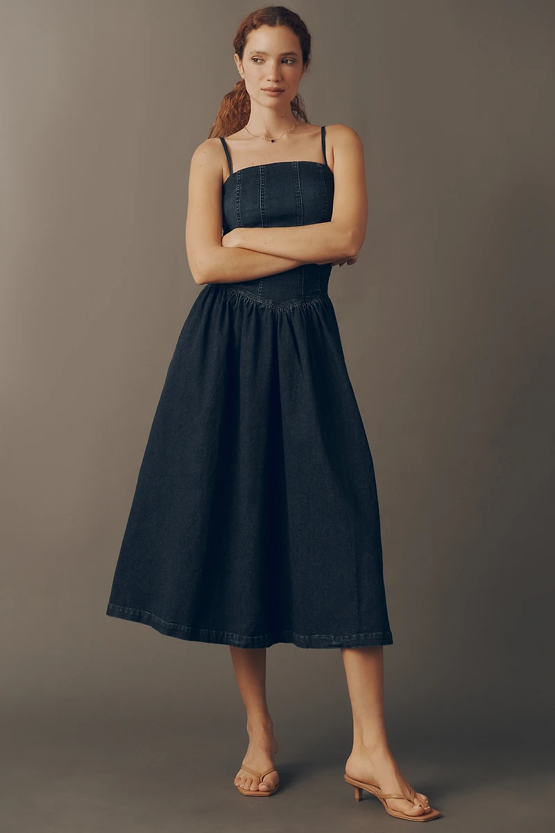 Avec Les Filles Square-Neck Drop-Waist Sleeveless Midi Dress