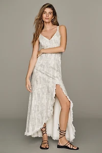 Avec Les Filles Asymmetrical Cutaway Denim Maxi Dress