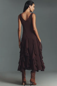 ASTR The Label Philomene V-Neck Ruffled Midi Dress