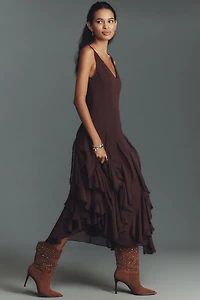 ASTR The Label Philomene V-Neck Ruffled Midi Dress