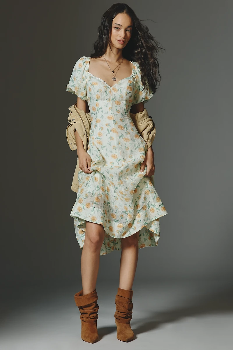 ASTR The Label Mayra V-Neck A-Line Puff-Sleeve Midi Dress