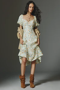 ASTR The Label Mayra V-Neck A-Line Puff-Sleeve Midi Dress