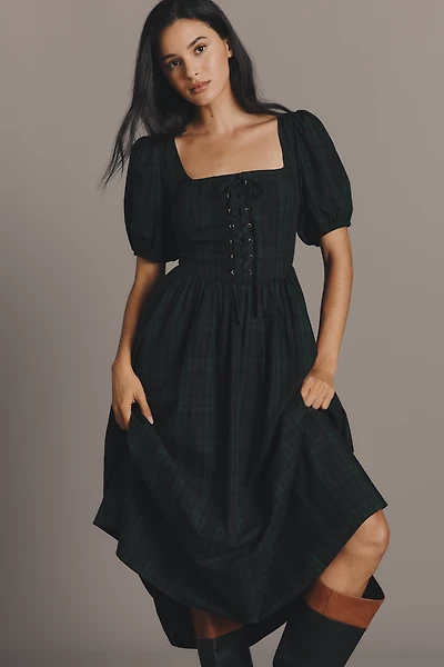 Moon River Short-Sleeve Square-Neck Lace-Up Midi Dress