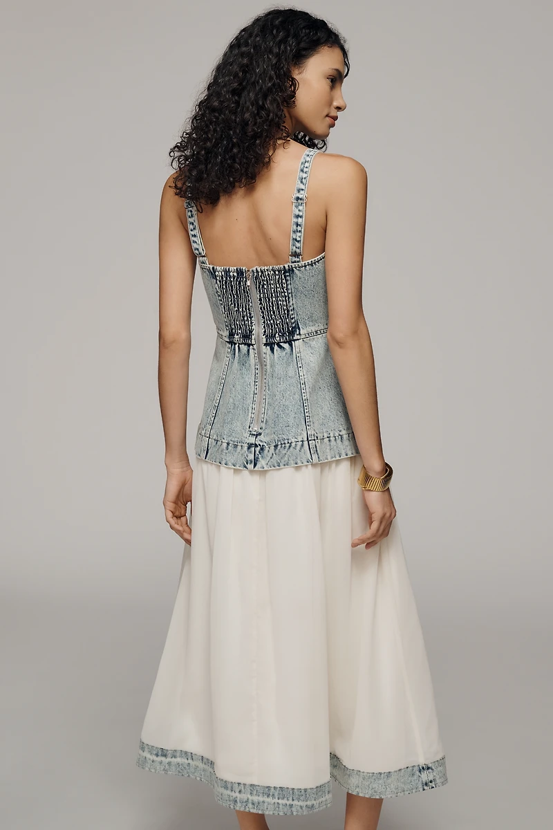Moon River Denim V-Neck Midi Dress