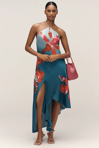 AMUR Alohi Halter Asymmetric Slip Midi Dress