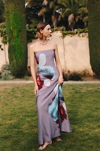 AMUR Linen Silk Quelina Strapless Maxi Dress