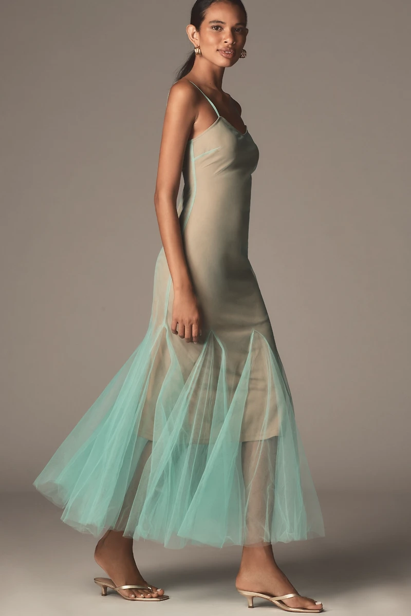Hutch Two-Tone Sheer Sleeveless Ruffle-Hem Maxi Dress