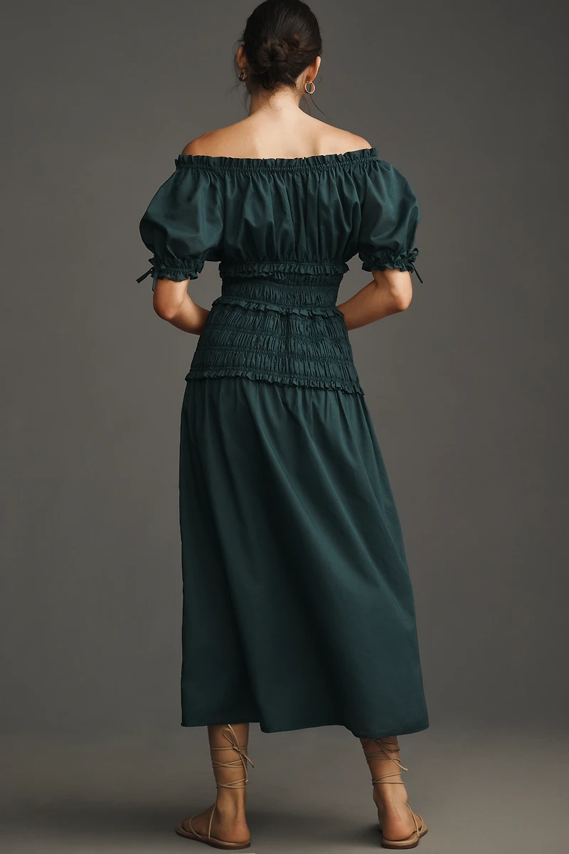 Hutch Short-Sleeve Off-The-Shoulder Smocked Midi Dress