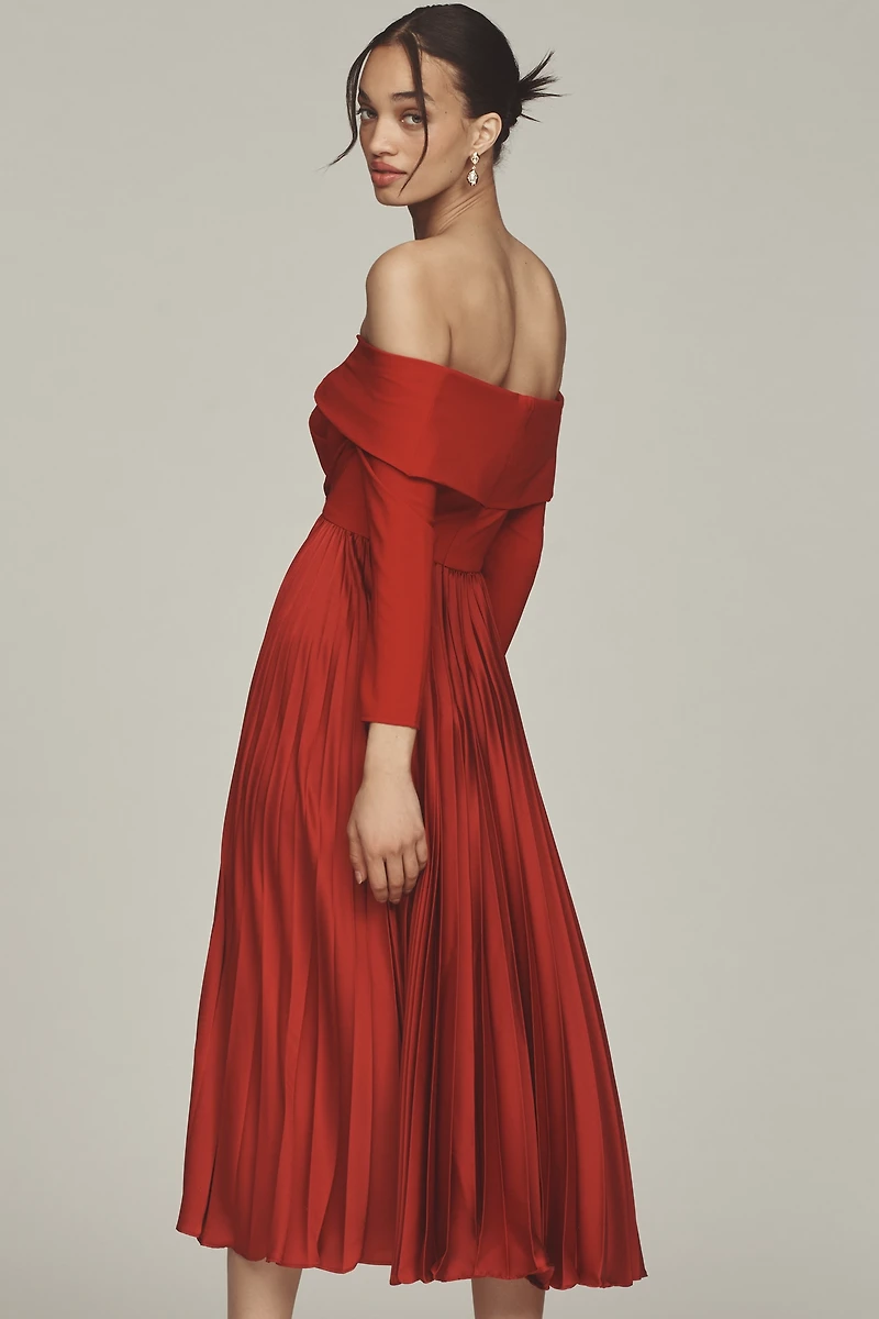 Hutch Long-Sleeve Off-The-Shoulder Pleated Maxi Dress