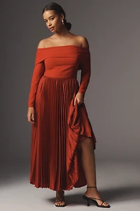 Hutch Long-Sleeve Off-The-Shoulder Pleated Maxi Dress