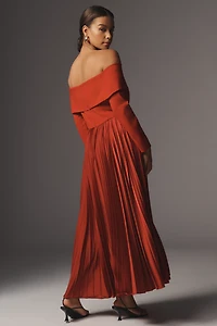 Hutch Long-Sleeve Off-The-Shoulder Pleated Maxi Dress