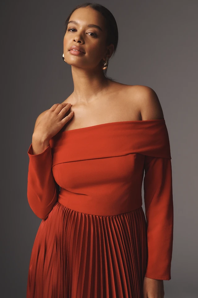 Hutch Long-Sleeve Off-The-Shoulder Pleated Maxi Dress | The Summit