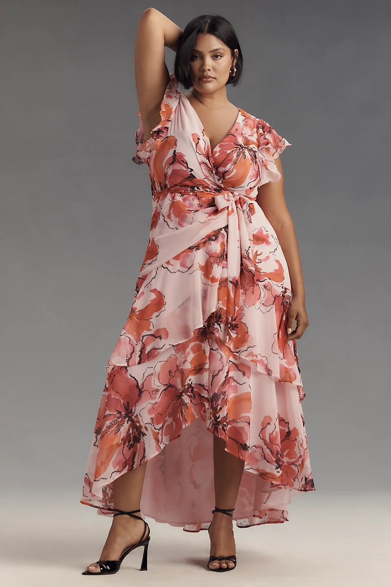 Hutch Ruffle-Sleeve V-Neck Floral Wrap Midi Dress