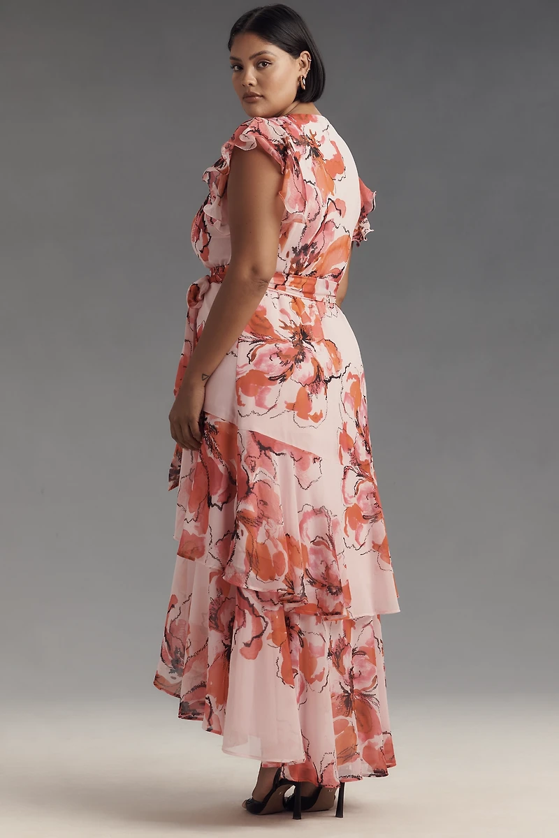 Hutch Ruffle-Sleeve V-Neck Floral Wrap Midi Dress