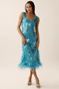 Hutch Sleeveless Scoop-Neck Sequin Feather-Trim Midi Dress