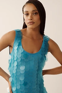 Hutch Sleeveless Scoop-Neck Sequin Feather-Trim Midi Dress