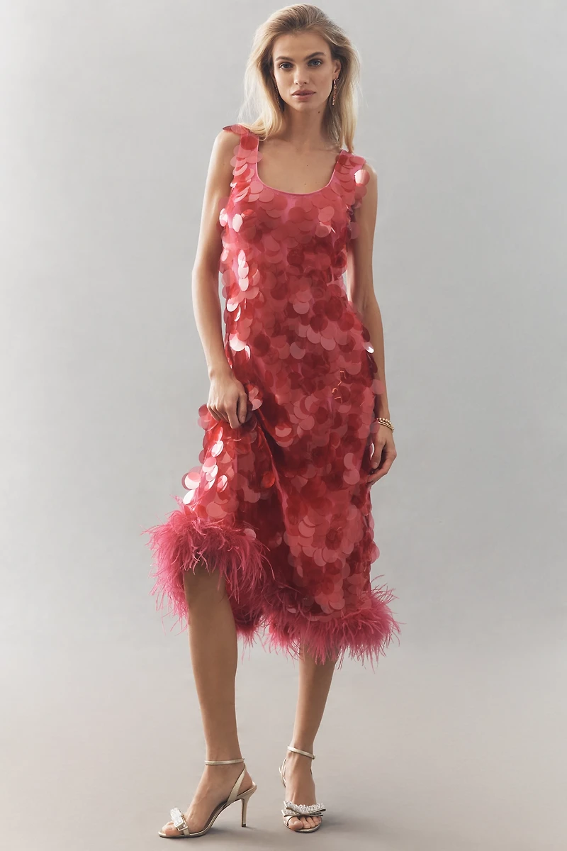 Hutch Sleeveless Scoop-Neck Sequin Feather-Trim Midi Dress