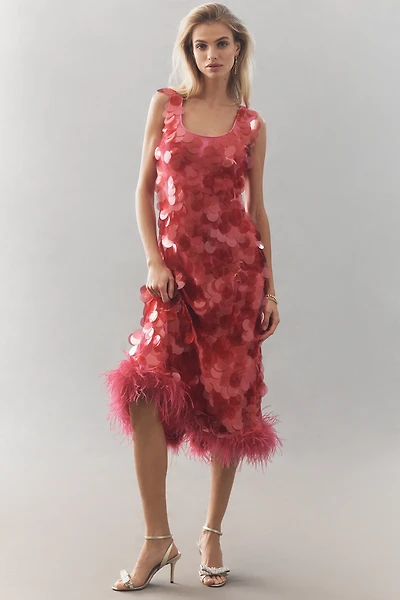 Hutch Sleeveless Scoop-Neck Sequin Feather-Trim Midi Dress