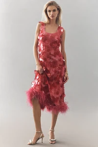 Hutch Sleeveless Scoop-Neck Sequin Feather-Trim Midi Dress