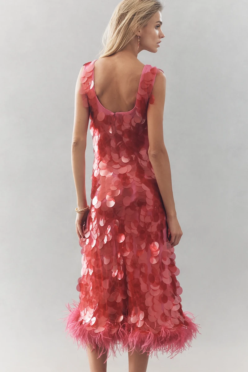 Hutch Sleeveless Scoop-Neck Sequin Feather-Trim Midi Dress