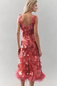 Hutch Sleeveless Scoop-Neck Sequin Feather-Trim Midi Dress