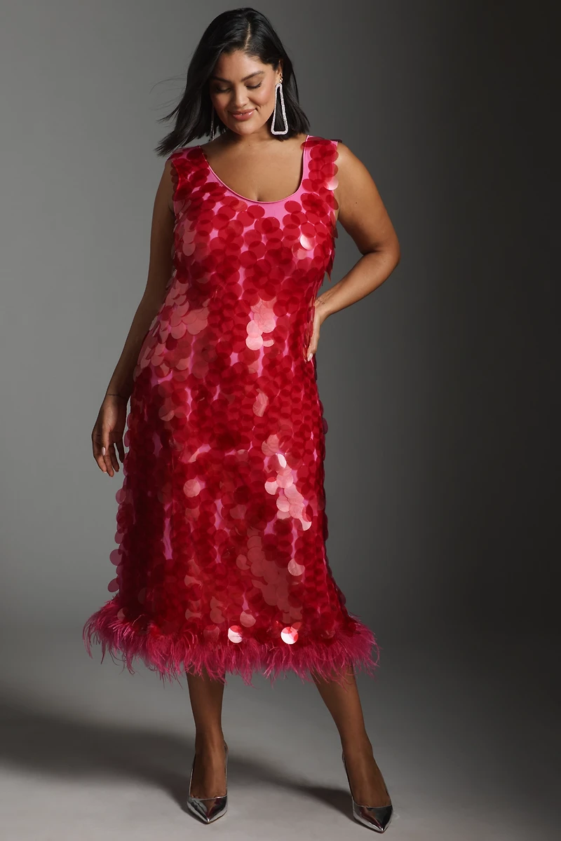 Hutch Sleeveless Scoop-Neck Sequin Feather-Trim Midi Dress