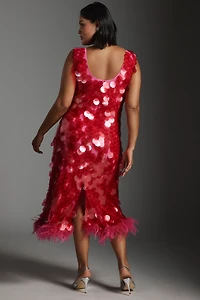 Hutch Sleeveless Scoop-Neck Sequin Feather-Trim Midi Dress
