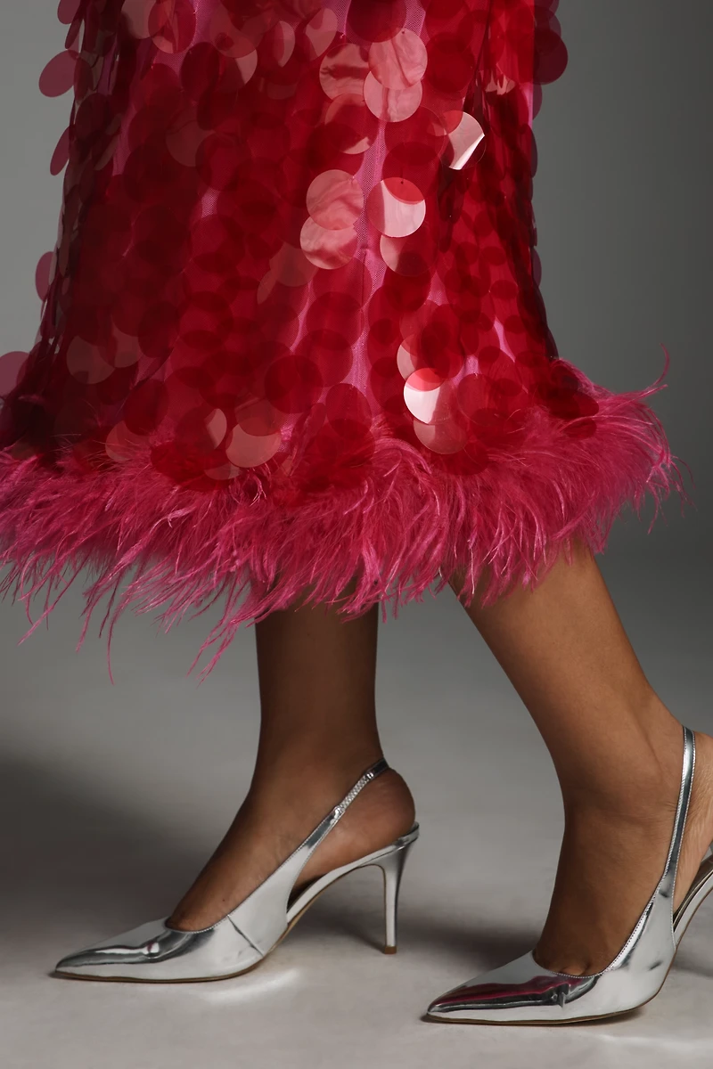 Hutch Sleeveless Scoop-Neck Sequin Feather-Trim Midi Dress