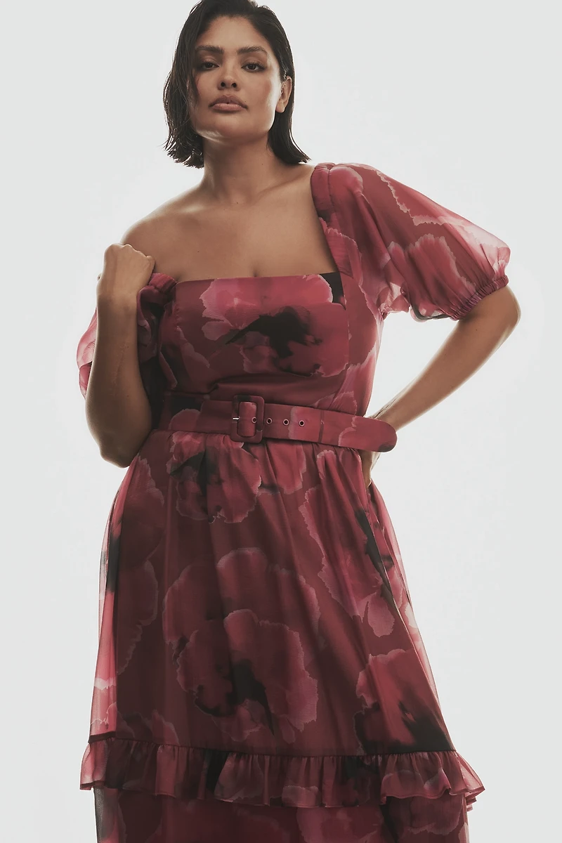 Hutch Puff-Sleeve Square-Neck Belted Tiered Ruffled Maxi Dress