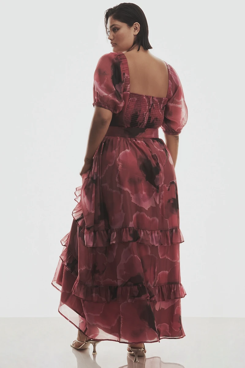 Hutch Puff-Sleeve Square-Neck Belted Tiered Ruffled Maxi Dress