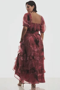Hutch Puff-Sleeve Square-Neck Belted Tiered Ruffled Maxi Dress