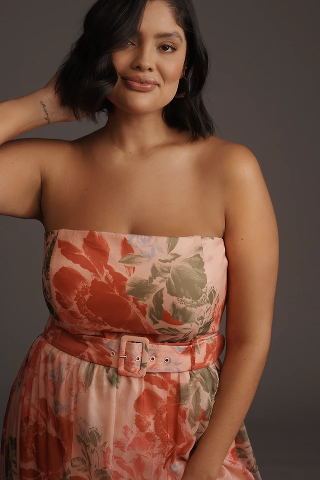 hutch strapless belted chiffon floral maxi dress Hutch Belted Bustier Maxi Dress