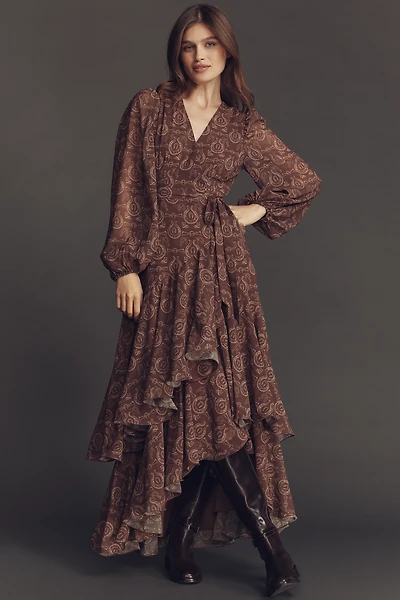 Hutch Helen Long-Sleeve Ruffled Wrap Maxi Dress