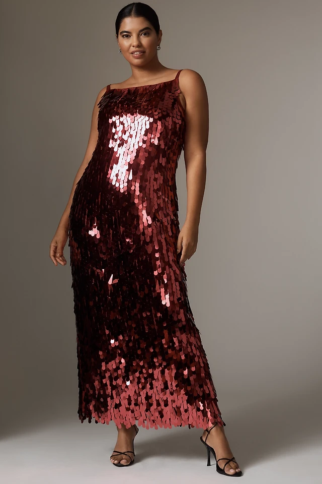 hutch sleeveless scoop-neck sequin feather-trim midi dress Hutch Sleeveless Scoop Neck Sequin Feather Trim Midi Dress
