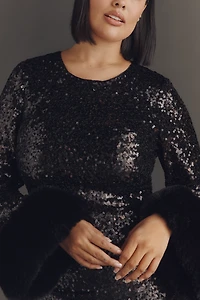 Hutch Long-Sleeve Faux Fur Trim Sequin Mini Dress