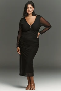 By Anthropologie Long-Sleeve Deep-V Hardware Midi Dress