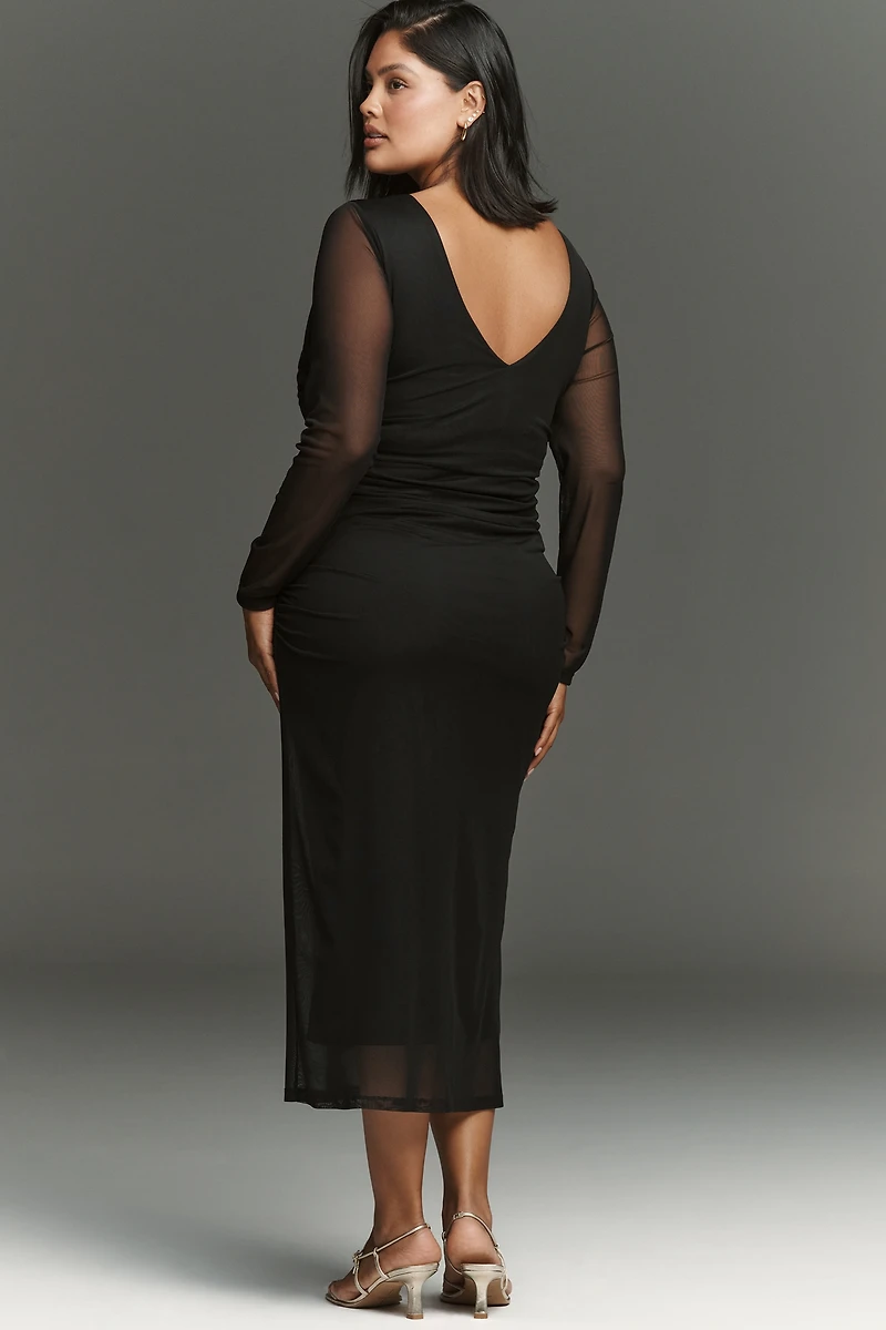 By Anthropologie Long-Sleeve Deep-V Hardware Midi Dress