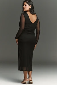 By Anthropologie Long-Sleeve Deep-V Hardware Midi Dress