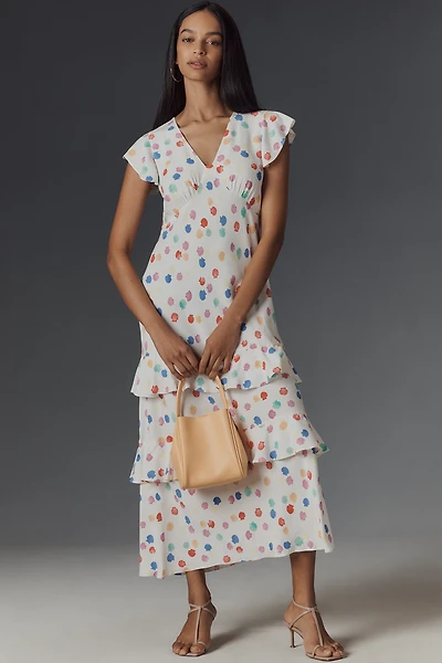 RIXO Meena Satin Ruffle Maxi Dress