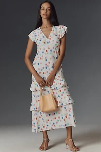 RIXO Meena Satin Ruffle Maxi Dress