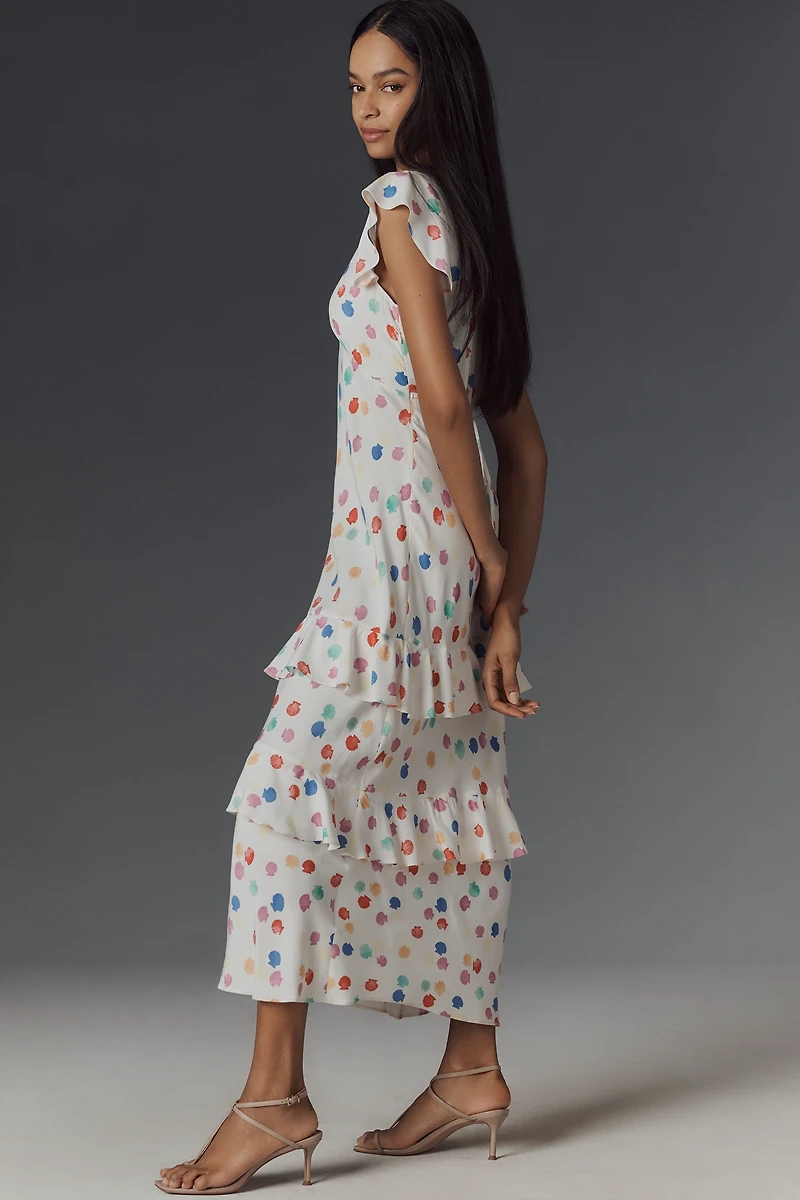 RIXO Meena Satin Ruffle Maxi Dress