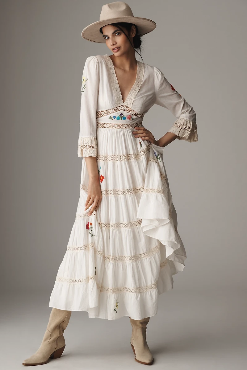 RIXO Regine Floral Embroidered Tiered Maxi Dress