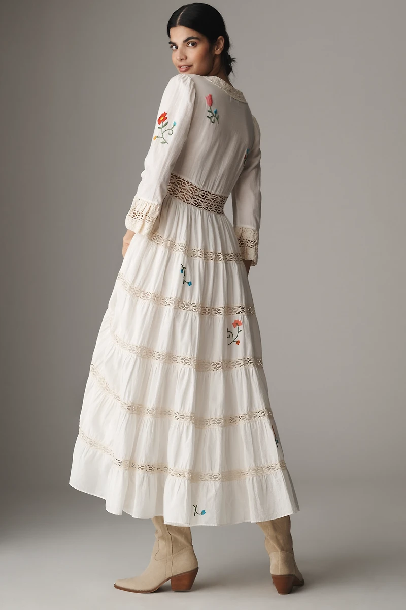 RIXO Regine Floral Embroidered Tiered Maxi Dress