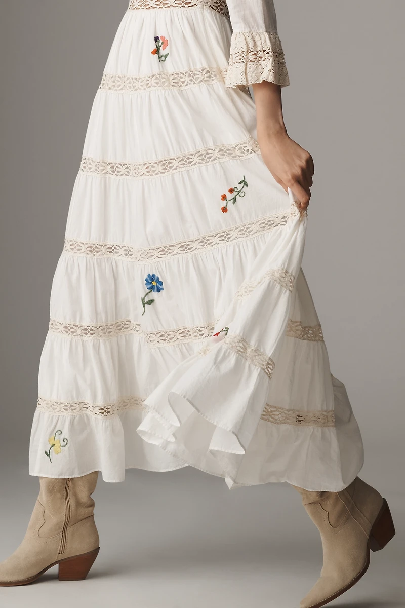 RIXO Regine Floral Embroidered Tiered Maxi Dress